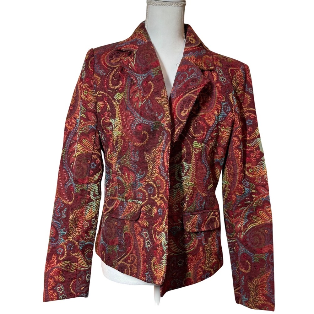 Notations Paisley Tapestry Blazer M Red Multicolor Excellent Boho Career Jacket